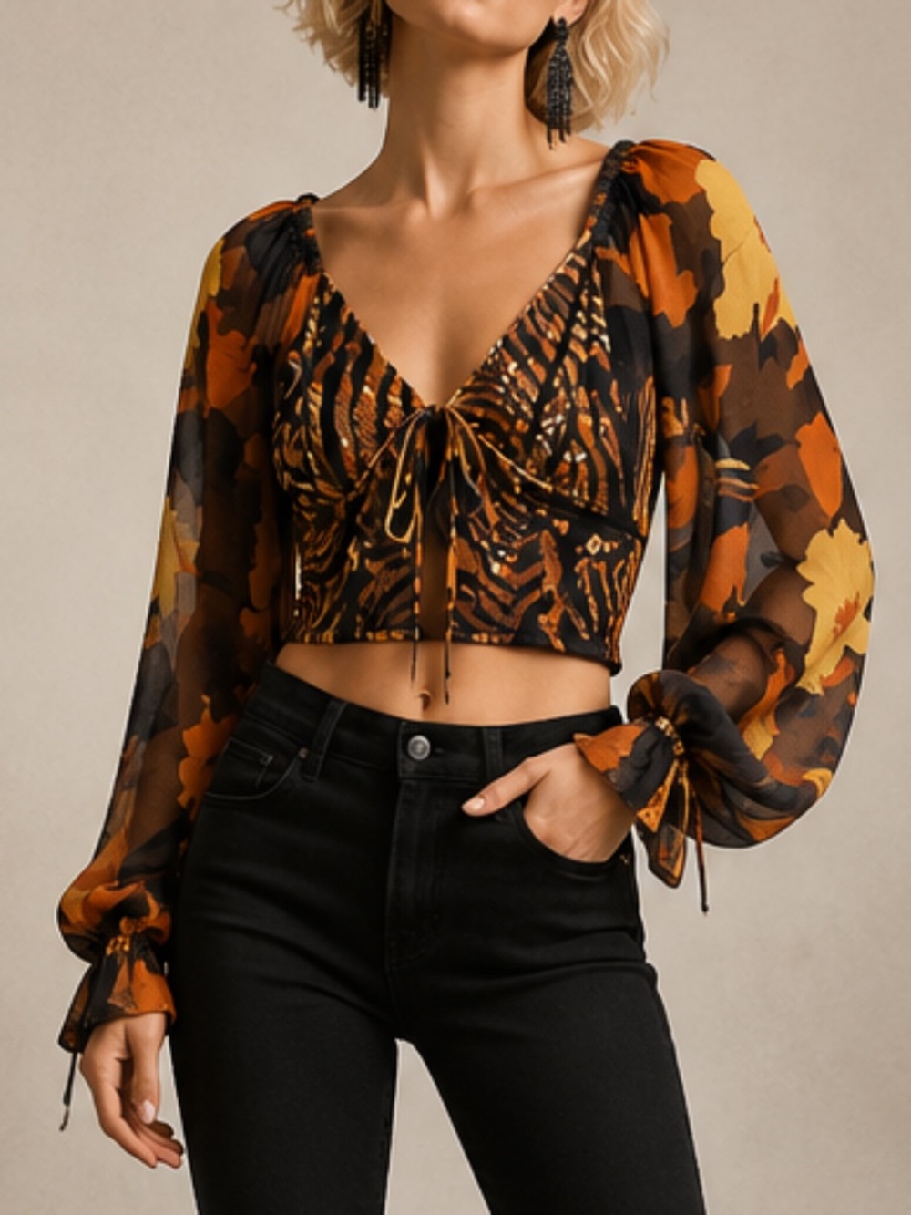 NWOT | Conditions Apply | Colorful Floral Cropped Blouse | Size X-Small